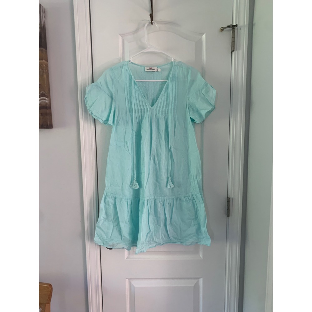 Vineyard Vines Aqua Blue Linen Blend Pintuck Tassel Tiered Mini Dress Womens 0